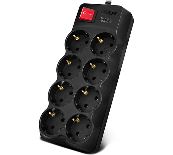 Фильтр SVEN SF-08-16 3,0 м, 8 розеток, 16А, черный, цветная коробка SV-020088