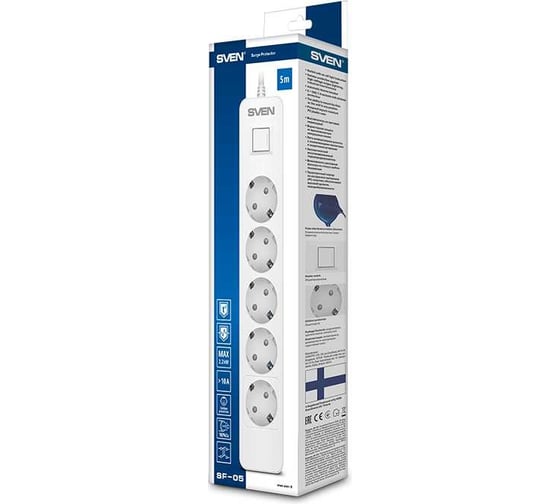 Фильтр SVEN SF-05 5.0 м, 5 евро розеток, белый, цветная коробка SV-019426