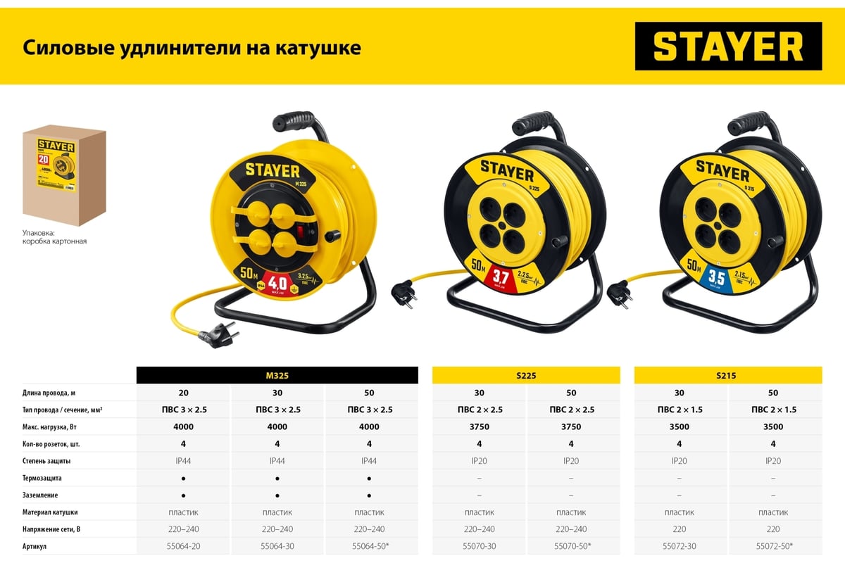Силовой удлинитель на катушке STAYER ПВС 3x2.5 50м 4000Вт ip44 55064-50 ...