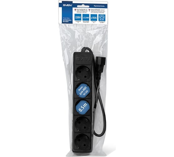 Удлинитель, черный, 0.5м, 5 розеток SVEN Special base SV-00545