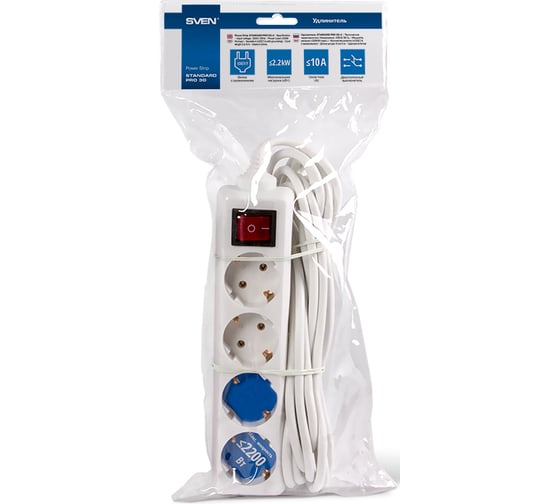Удлинитель, 4 розетки, белый SVEN Standard PRO 3G-4/1.5m SV-012915