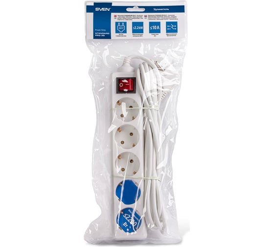 Удлинитель, 5 розеток, белый SVEN Standard PRO 3G-5/5m SV-013936