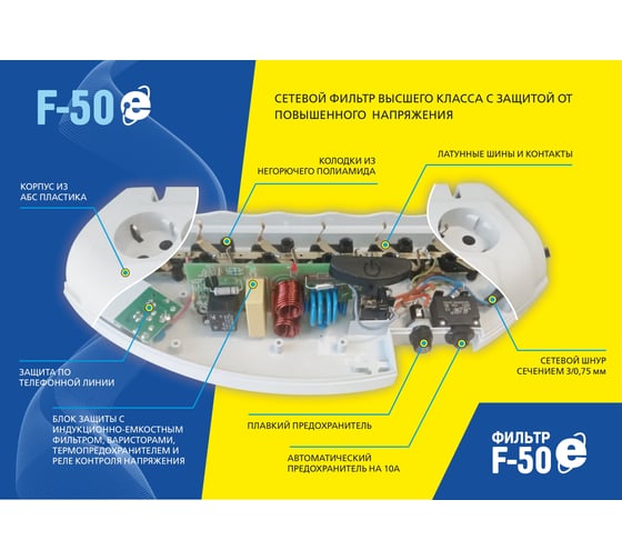 Сетевой фильтр VEKTOR f-50е светло-серый 3м + защита от 380 v 15789