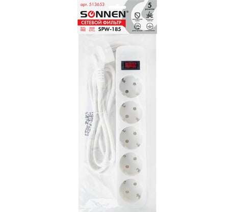 Сетевой фильтр SONNEN spw-185, 5 розеток с заземлением, выключатель, 10 а, 1,8 м, белый, 513653