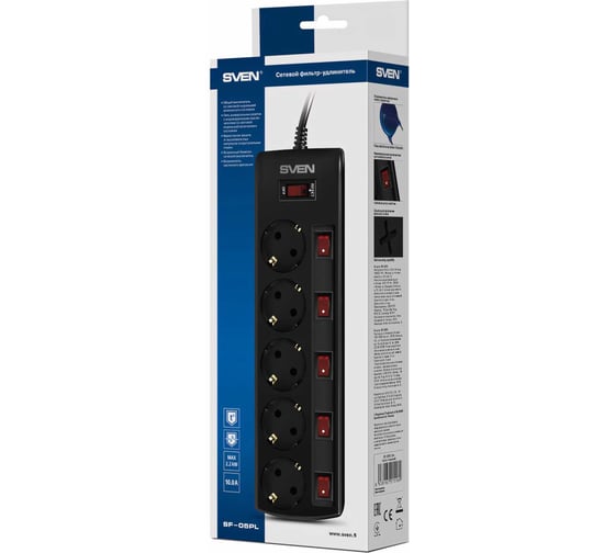 Фильтр SVEN SF-05PL 3.0м, 5 розеток, черный SV-015169