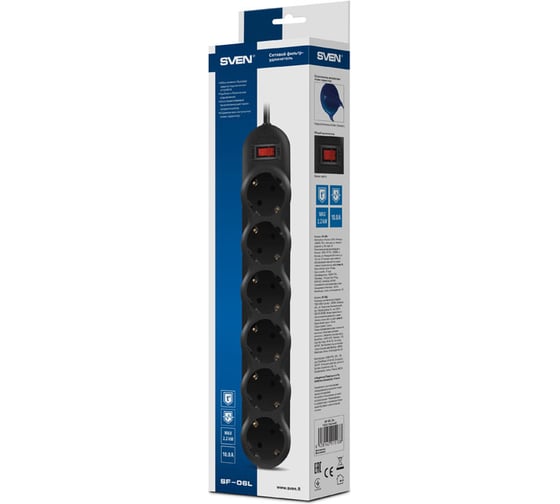Фильтр SVEN SF-06L 5.0м, 6 розеток, черный SV-015145