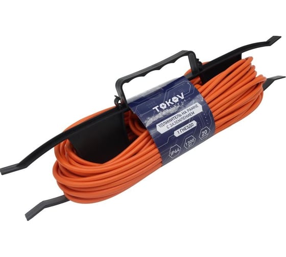 Удлинитель-шнур TOKOV ELECTRIC на рамке 1x20м с заземл. 6а ip44 3x0.75 с защ. крышкой TKE-SR20-075-Z