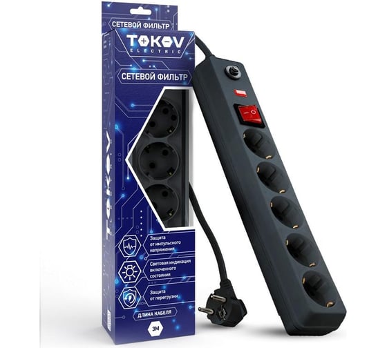 Удлинитель с сетевым фильтром TOKOV ELECTRIC 5x3м с заземл. с выкл. 16а с защ. от скачков напр. и перегрузок 3x1 сер. TKE-C06-SF5-3-ZV