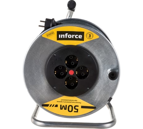 Силовой удлинитель Inforce К4-Е-50 на металлической катушке ПВС 3x1.5 50м 16А, 4 розетки с з/к 40150