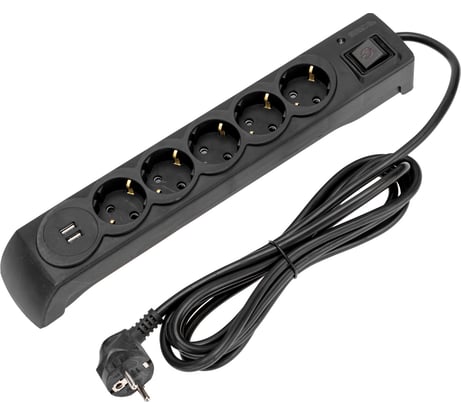 Сетевой фильтр KRANZ 5 гнезд, 3м, 3x1,5мм², с автовыкл, 2 usb, черный KRANZ 13-4702
