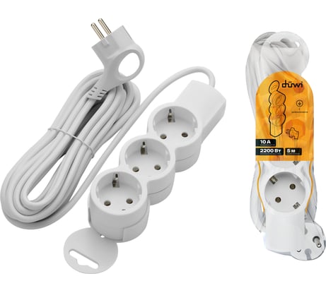 Удлинитель duwi 3 гнезда, без выключателя, с землей, с держателем, 5 м 32006 9