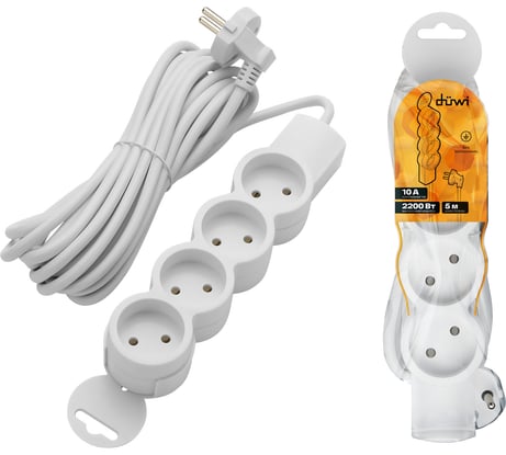 Удлинитель duwi 4 гнезда, без выключателя, без земли, с держателем, 5 м 32011 3