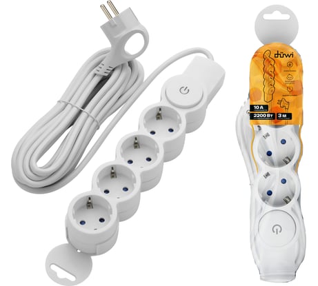 Удлинитель duwi 4 гнезда, с выключателем, с землей, со шторками, с выключателем, с держателем, 3 м 32014 4