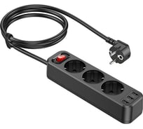 Сетевой фильтр Hoco на 3 розетки ns2 3xusb, 2.4а, 1.8м (черный) 0L-00056007