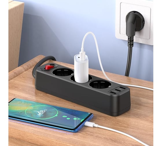 Сетевой фильтр Hoco на 3 розетки ns2 3xusb, 2.4а, 1.8м (черный) 0L-00056007
