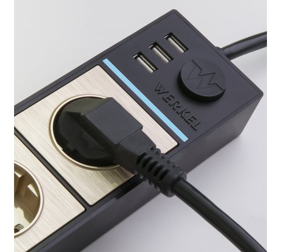 Розеточный блок Werkel WL20 04 03 4 х местный + 3 USB черный шампан a041433