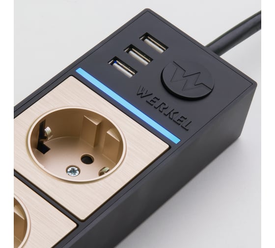 Розеточный блок Werkel WL20 04 03 4 х местный + 3 USB черный шампан a041433