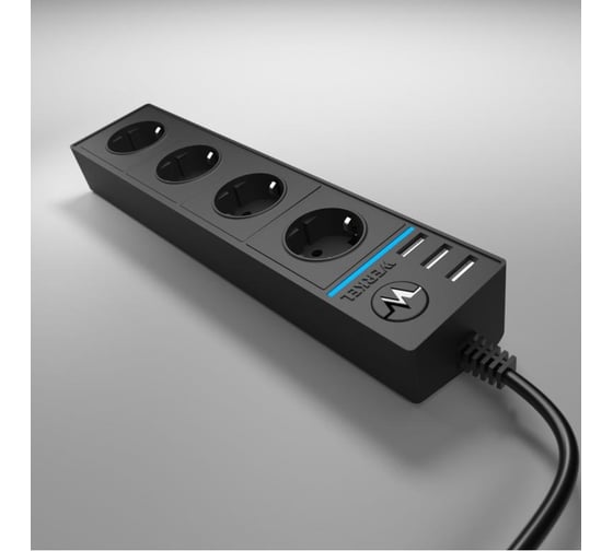 Розеточный блок Werkel WL20-04-03 4-х местный + 3 USB черный a03997 a039975 1