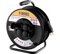 Силовой удлинитель на стальной катушке DENZEL, ПВС 3х2,5 мм, 50м, 4 розетки, 16А, 95985