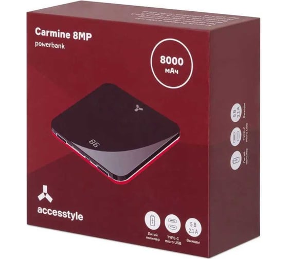 Внешний аккумулятор Accesstyle 8000 мА-ч, 2 подкл. устройства, черный/красный Carmine 8MP