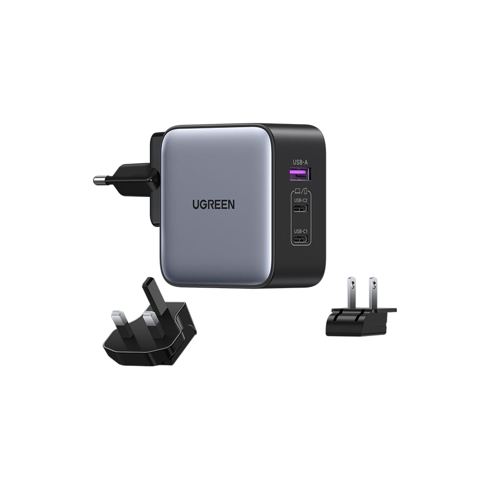 Зарядное устройство для путешествий Ugreen cd296 usb-a+2 usb-c gan 65w  travel fast charger (3-port) со сменными вилками, цвет: серый космос 90409  - выгодная цена, отзывы, характеристики, фото - купить в Москве и