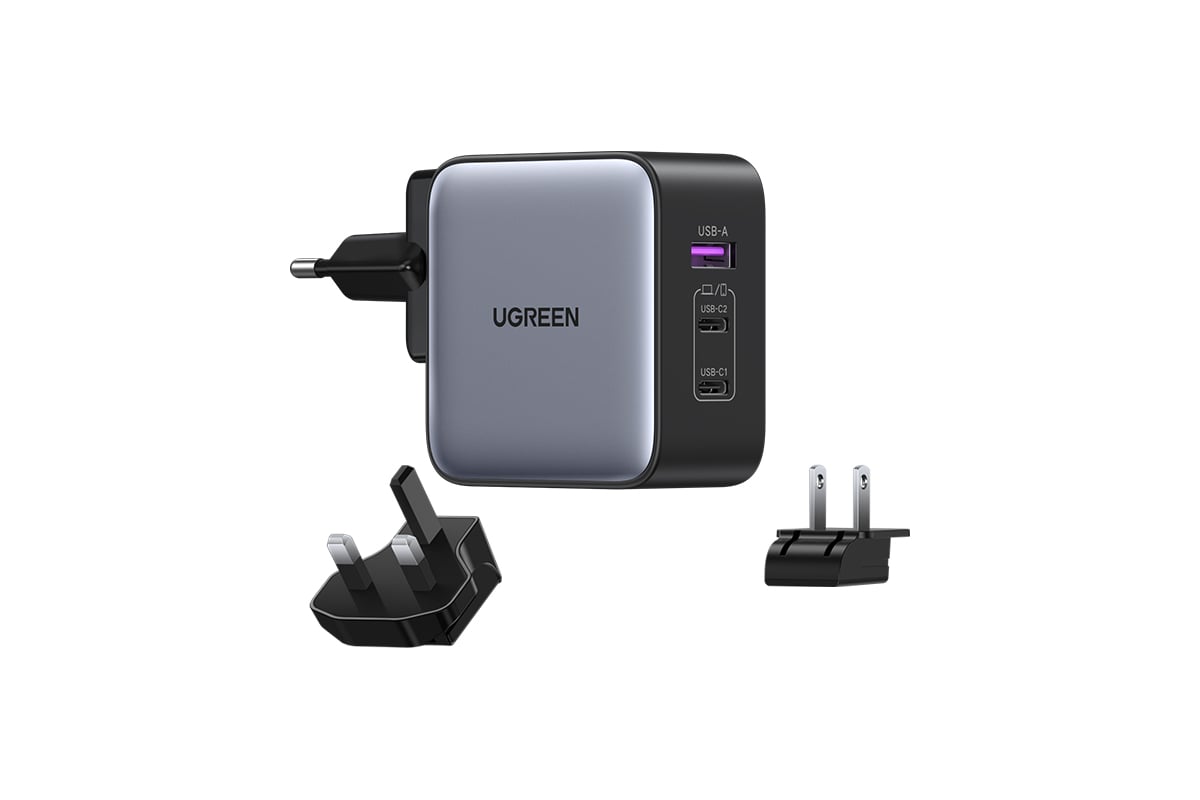 Зарядное устройство для путешествий Ugreen cd296 usb-a+2 usb-c gan 65w  travel fast charger (3-port) со сменными вилками, цвет: серый космос 90409  - выгодная цена, отзывы, характеристики, фото - купить в Москве и