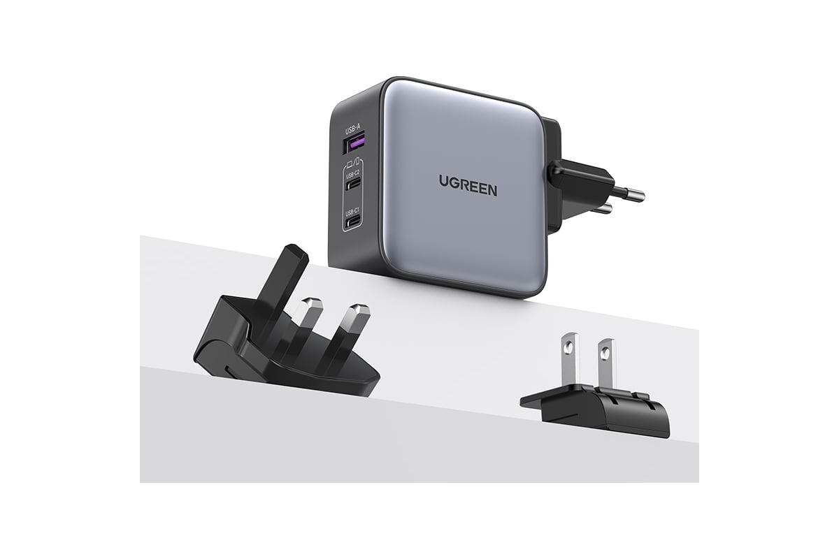 Зарядное устройство для путешествий Ugreen cd296 usb-a+2 usb-c gan 65w  travel fast charger (3-port) со сменными вилками, цвет: серый космос 90409  - выгодная цена, отзывы, характеристики, фото - купить в Москве и