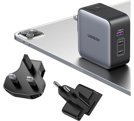 Зарядное устройство для путешествий Ugreen cd296 usb-a+2 usb-c gan 65w travel fast charger (3-port) со сменными вилками, цвет: серый космос 90409