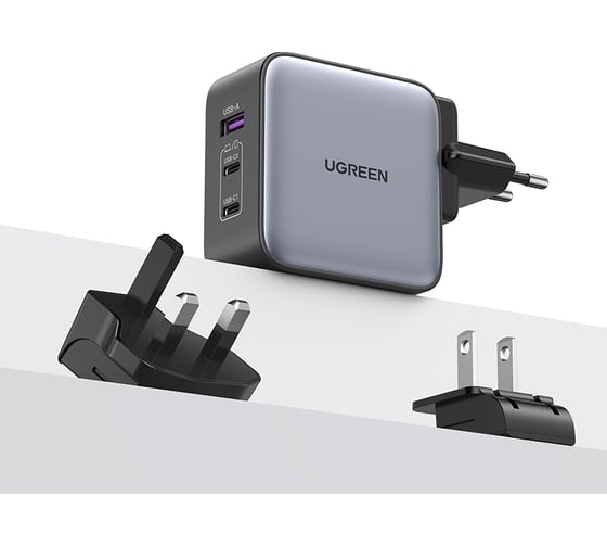 Зарядное устройство для путешествий Ugreen cd296 usb-a+2 usb-c gan 65w travel fast charger (3-port) со сменными вилками, цвет: серый космос 90409