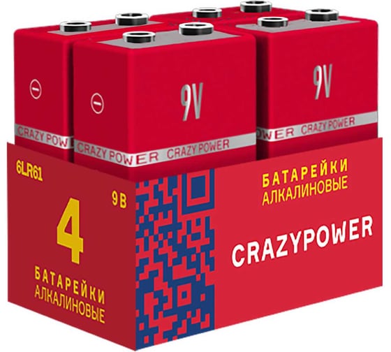Батарейка Элемент питания алкалиновый CRAZYPOWER 6LR61 Крона 9V 6LR61 (упаковка 4 шт) 5041349