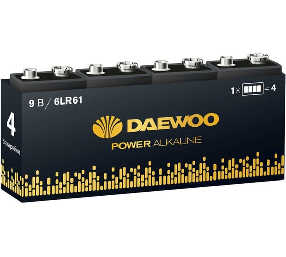 Батарейка Элемент питания алкалиновый DAEWOO 6LR61 Крона 9V 1.5В Power Alkaline Pack-4 (упаковка 4шт) 5046559