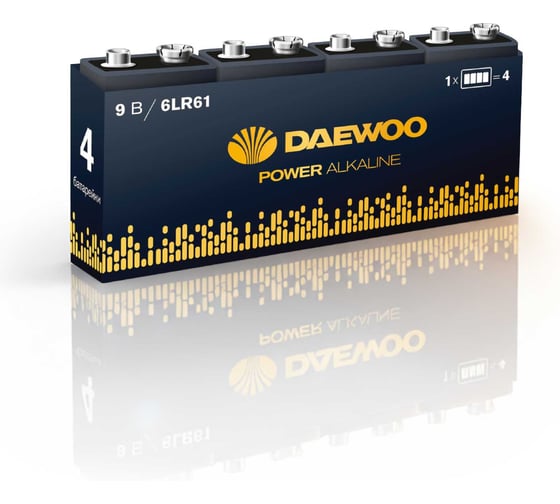 Батарейка Элемент питания алкалиновый DAEWOO 6LR61 Крона 9V 1.5В Power Alkaline Pack-4 (упаковка 4шт) 5046559