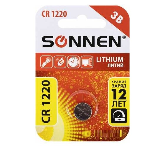 Литиевая батарейка SONNEN CR1220 1 шт. таблетка, дисковая, кнопочная, lithium, в блистере, 455597
