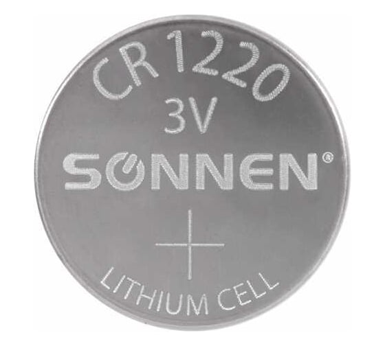 Литиевая батарейка SONNEN CR1220 1 шт. таблетка, дисковая, кнопочная, lithium, в блистере, 455597