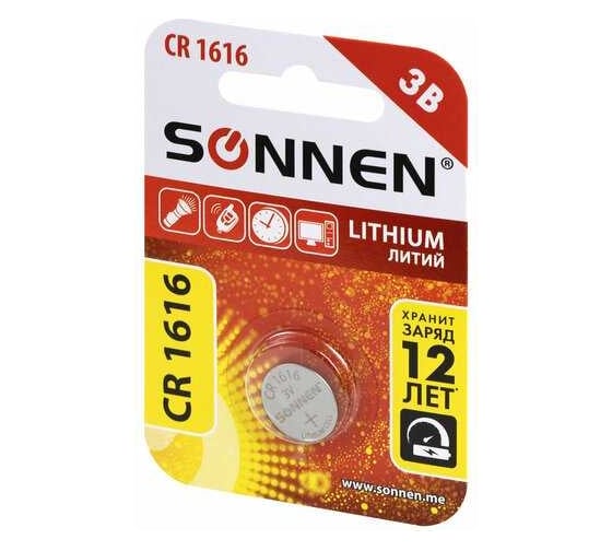 Литиевая батарейка SONNEN CR1616 1 шт. таблетка, дисковая, кнопочная, lithium, в блистере, 455598