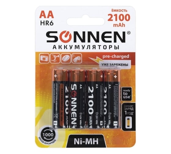 Аккумуляторные батарейки SONNEN комплект 4 шт., AA (hr6), 2100 mah, ni-mh, в блистере, 455606 1