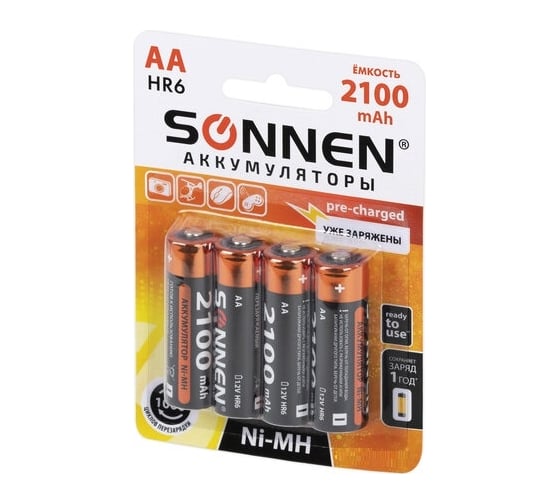Аккумуляторные батарейки SONNEN комплект 4 шт., AA (hr6), 2100 mah, ni-mh, в блистере, 455606