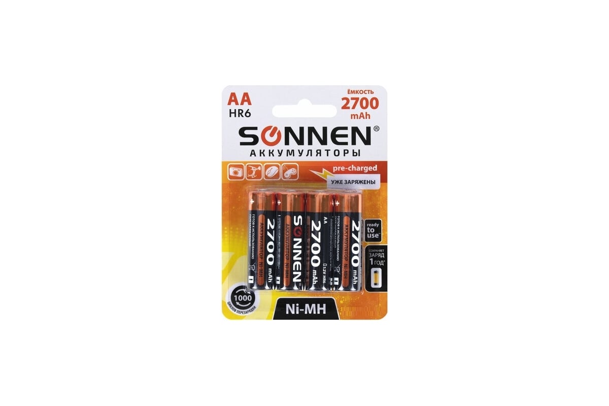 Аккумуляторные батарейки SONNEN комплект 4 шт., AA (hr6), 2700 mah, ni-mh,  в блистере, 455607 - выгодная цена, отзывы, характеристики, фото - купить в  Москве и РФ