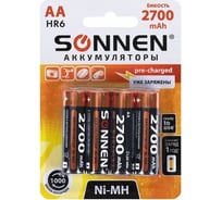 Аккумуляторные батарейки SONNEN комплект 4 шт., AA (hr6), 2700 mah, ni-mh, в блистере, 455607 29995406