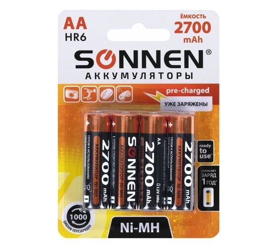 Аккумуляторные батарейки SONNEN комплект 4 шт., AA (hr6), 2700 mah, ni-mh, в блистере, 455607
