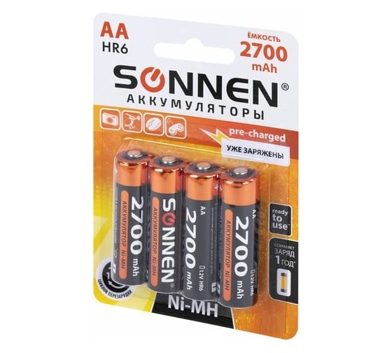 Аккумуляторные батарейки SONNEN комплект 4 шт., AA (hr6), 2700 mah, ni-mh, в блистере, 455607
