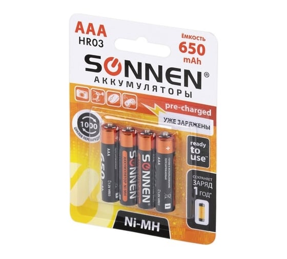 Аккумуляторные батарейки SONNEN комплект 4 шт., AAA (hr03), 650 mah, ni-mh, в блистере, 455609