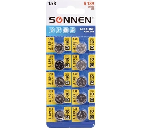 Алкалиновые батарейки SONNEN таблетка комплект 10 шт., alkaline 189a (g10, lr54), блистер, 880787