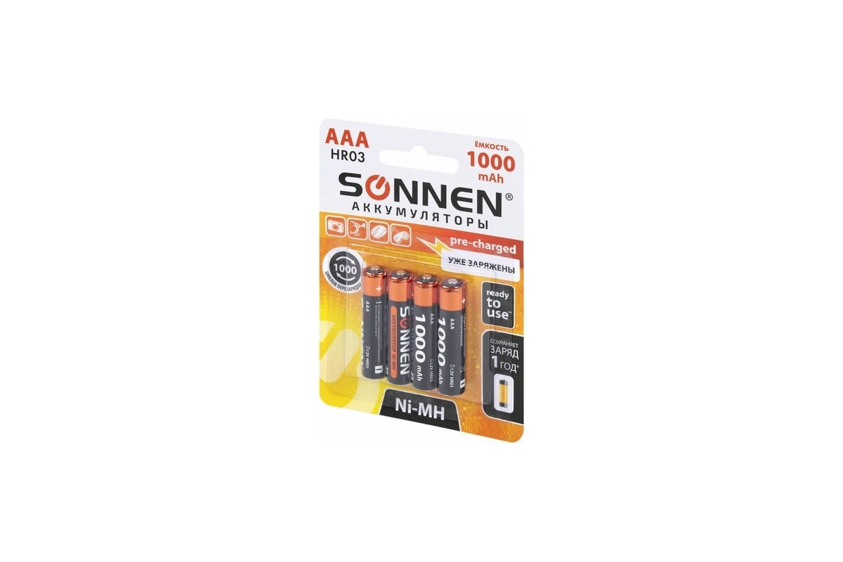 Аккумуляторные батарейки SONNEN комплект 4 шт., AAA (hr03), 1000 mah,  ni-mh, в блистере, 455610