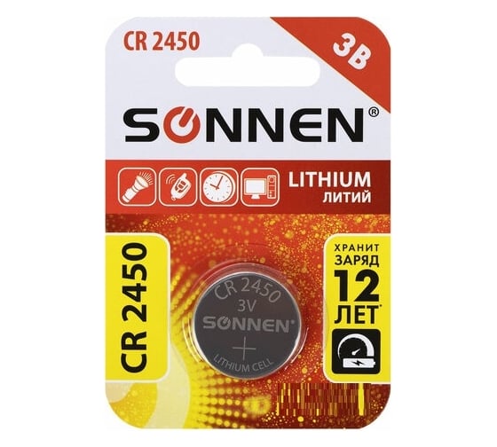 Литиевая батарейка SONNEN CR2450 1 шт. таблетка, дисковая, кнопочная, lithium, в блистере, 455601