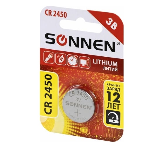Литиевая батарейка SONNEN CR2450 1 шт. таблетка, дисковая, кнопочная, lithium, в блистере, 455601