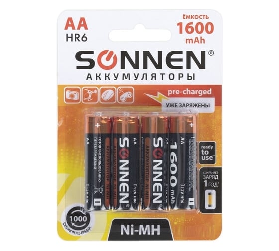 Аккумуляторные батарейки SONNEN комплект 4 шт., AA (hr6), 1600 mah, ni-mh, в блистере, 455605 1