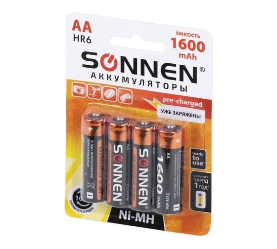 Аккумуляторные батарейки SONNEN комплект 4 шт., AA (hr6), 1600 mah, ni-mh, в блистере, 455605