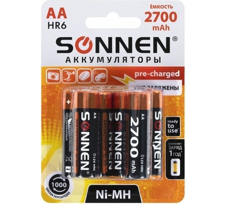 Аккумуляторные батарейки SONNEN комплект 6 шт., AA (hr6), 2700 mah, ni-mh, в блистере, 455608