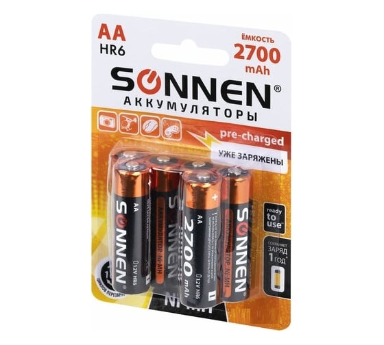 Аккумуляторные батарейки SONNEN комплект 6 шт., AA (hr6), 2700 mah, ni-mh, в блистере, 455608